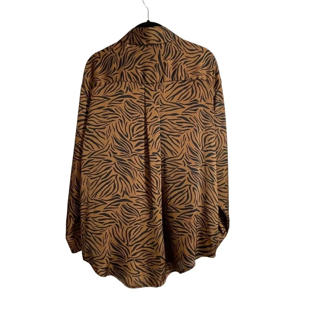 Zara Tiger Mob Wife Button Up Shirt Womens L Earthy Brown Black Long Sleeve Top